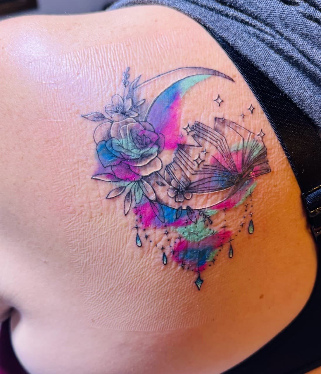 Watercolor + Floral moon tattoo on Shoulder Blade by William_Samaras on TattMe