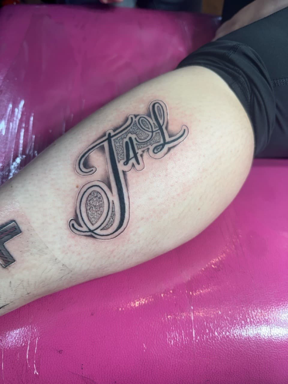 Lettering + Script love tattoo on Calf by William_Samaras on TattMe