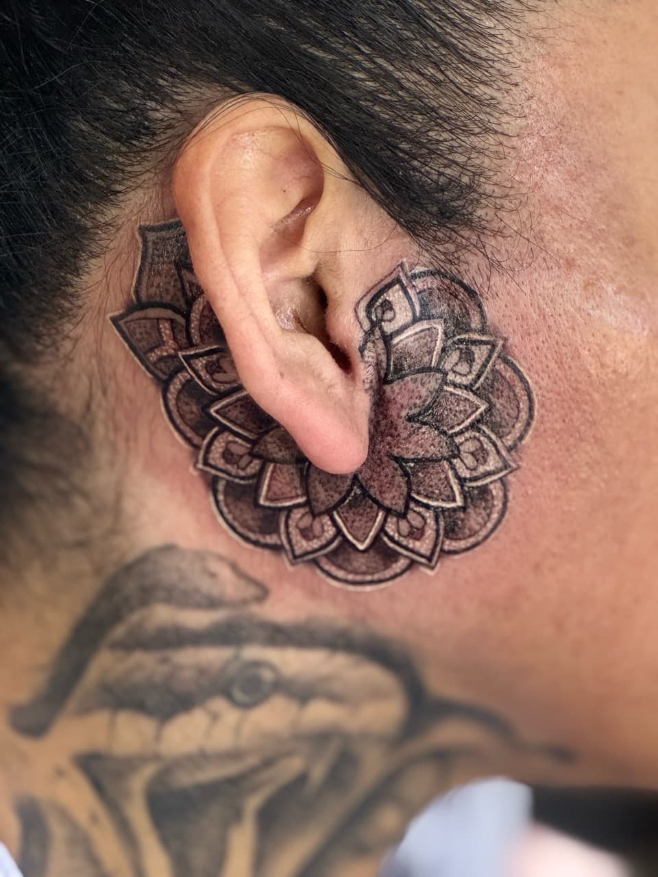 Mandala + Black & Grey flower tattoo on Behind Ear by William_Samaras on TattMe