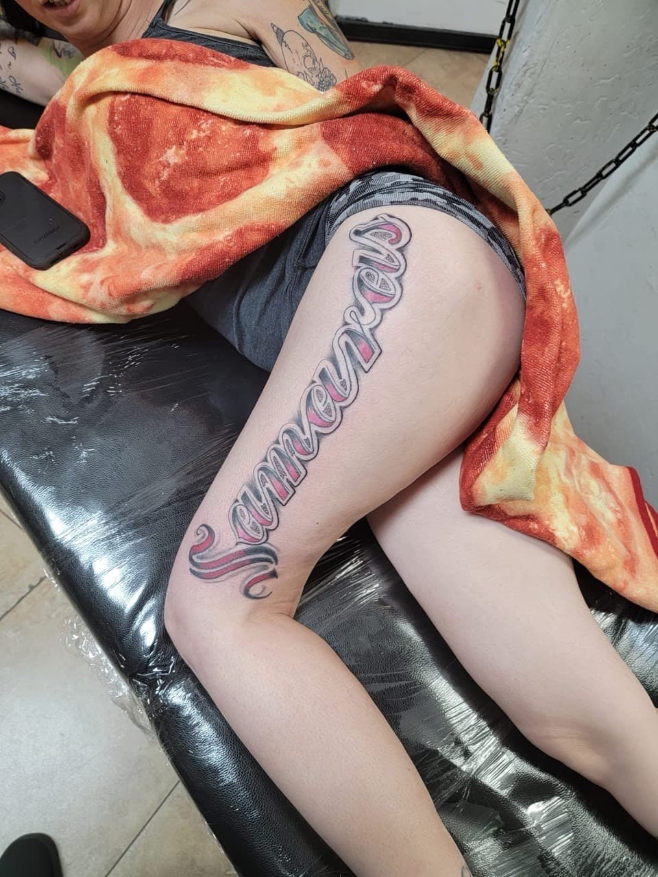 Lettering + Script name tattoo on Thigh by William_Samaras on TattMe