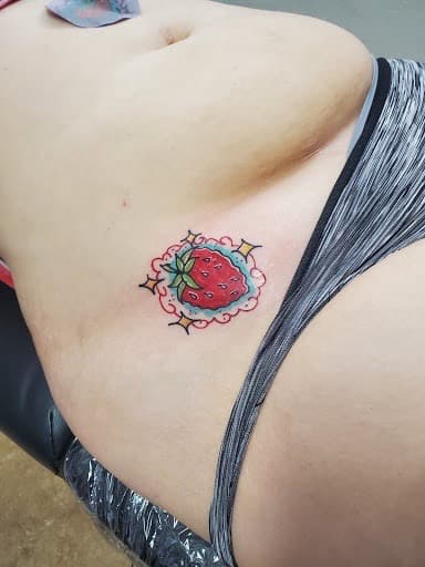New School + Color strawberry tattoo on Groin by William_Samaras on TattMe