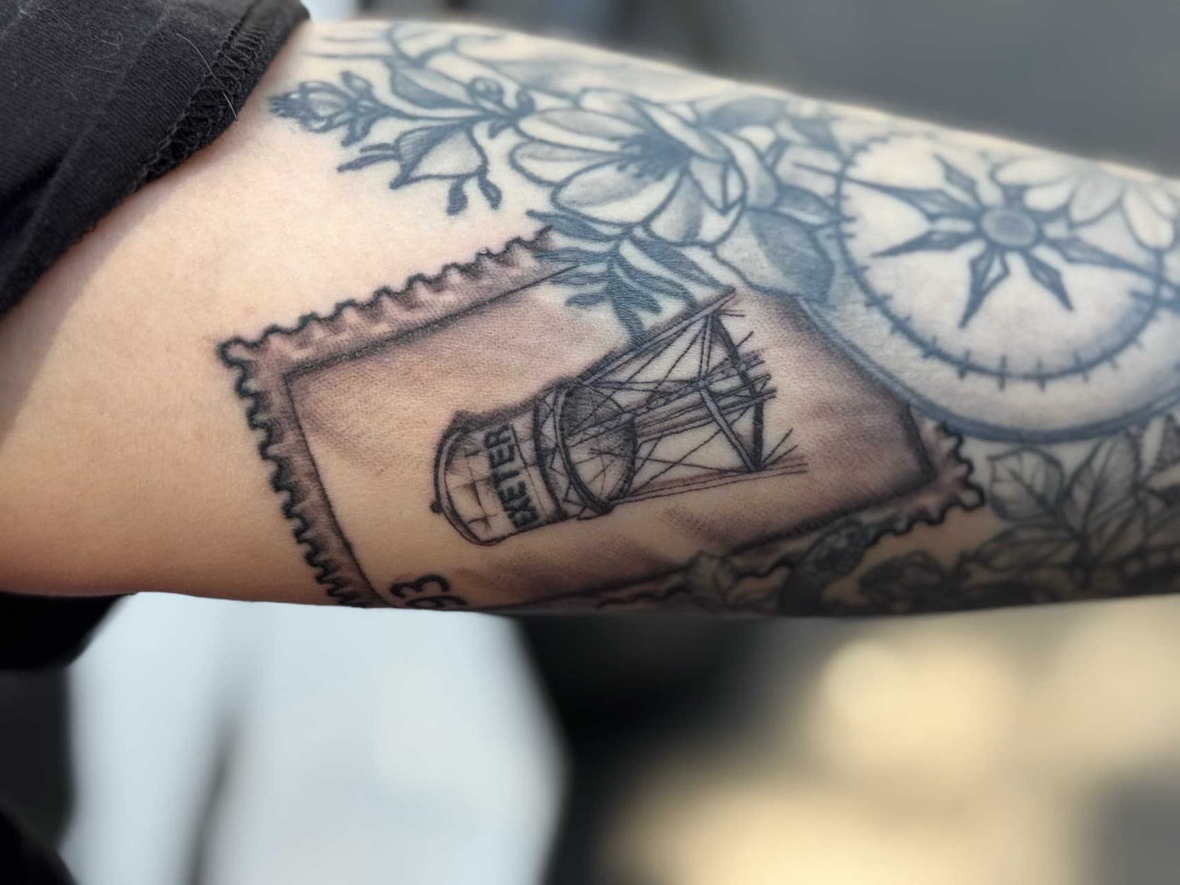 Black & Grey + Illustrative water tower tattoo on Upper Arm by William_Samaras on TattMe