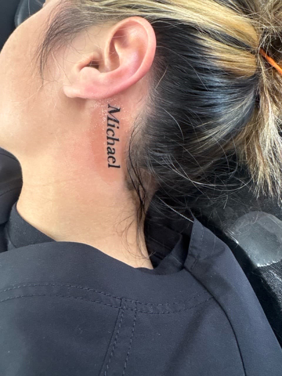 Lettering + Script name tattoo on Behind Ear by William_Samaras on TattMe