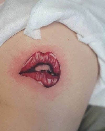 Realism + Color lips tattoo on Shoulder by William_Samaras on TattMe
