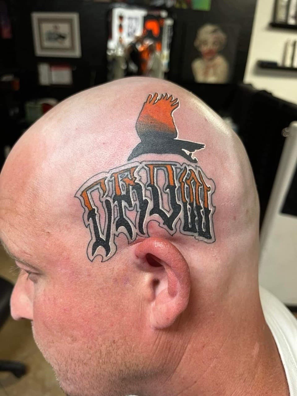 Lettering + Color bird tattoo on Scalp by William_Samaras on TattMe
