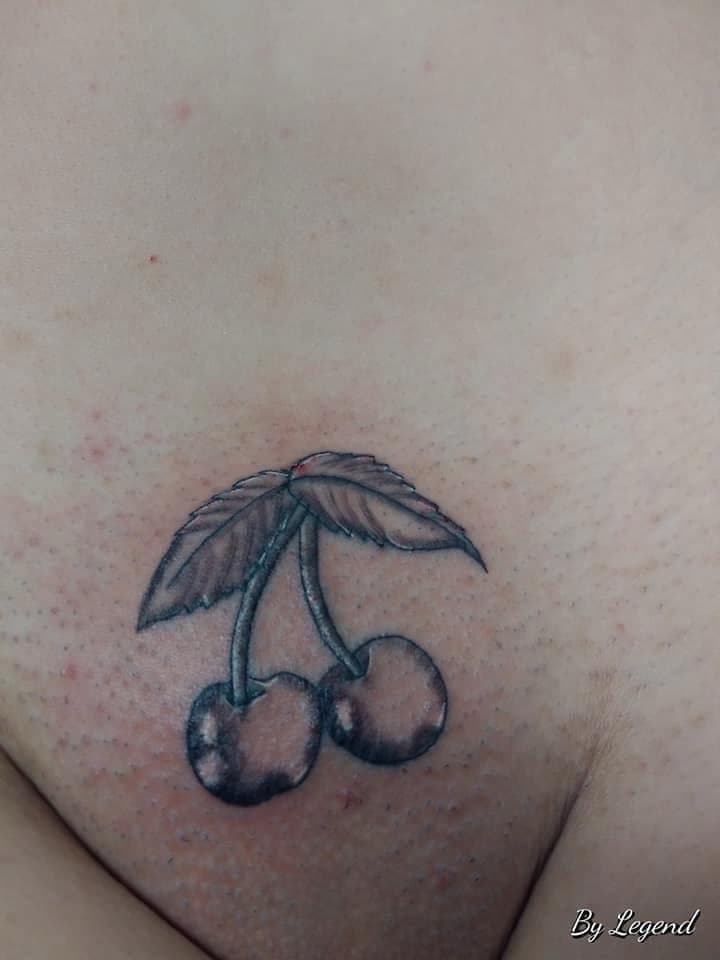 Black & Grey + Illustrative cherries tattoo on Groin by William_Samaras on TattMe