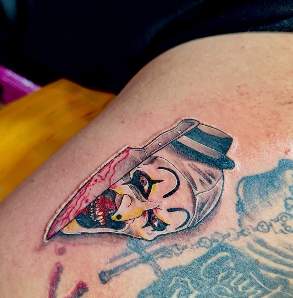 Color + Illustrative clown tattoo on Thigh by William_Samaras on TattMe
