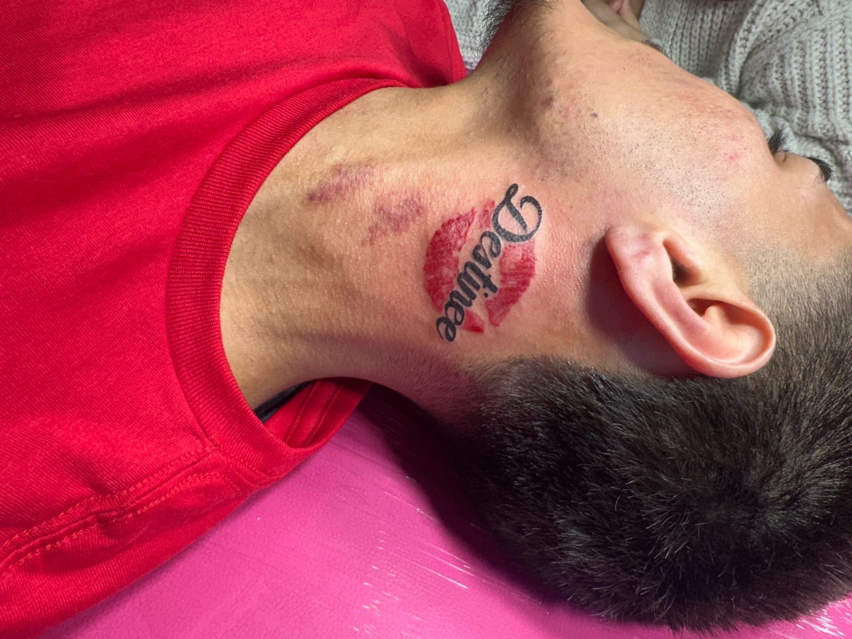 Script + Color lips tattoo on Neck (Side) by William_Samaras on TattMe