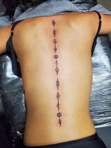 Fine Line + Black-work ornamental tattoo on Spine by William_Samaras on TattMe