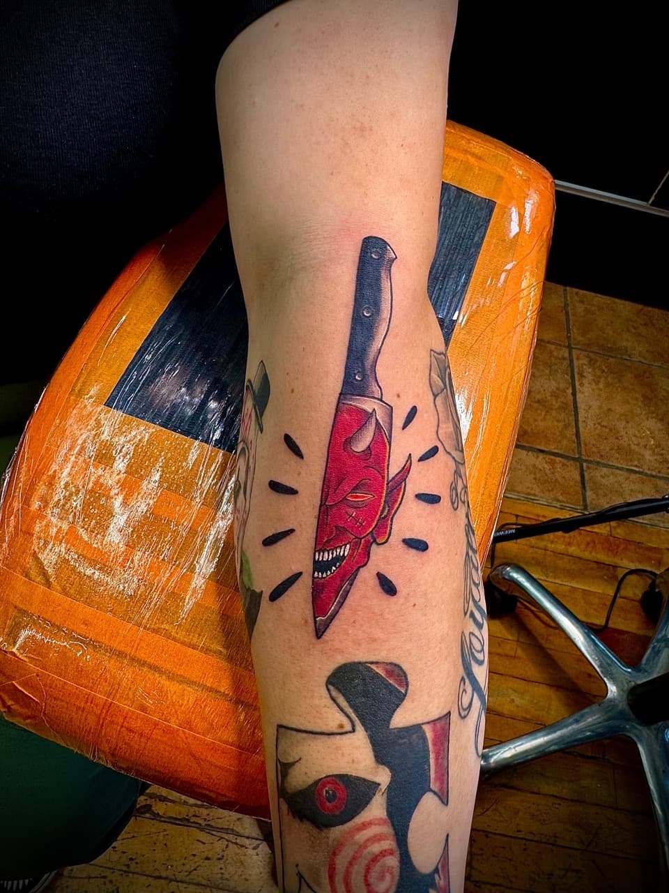 Illustrative + Color knife tattoo on Forearm by William_Samaras on TattMe