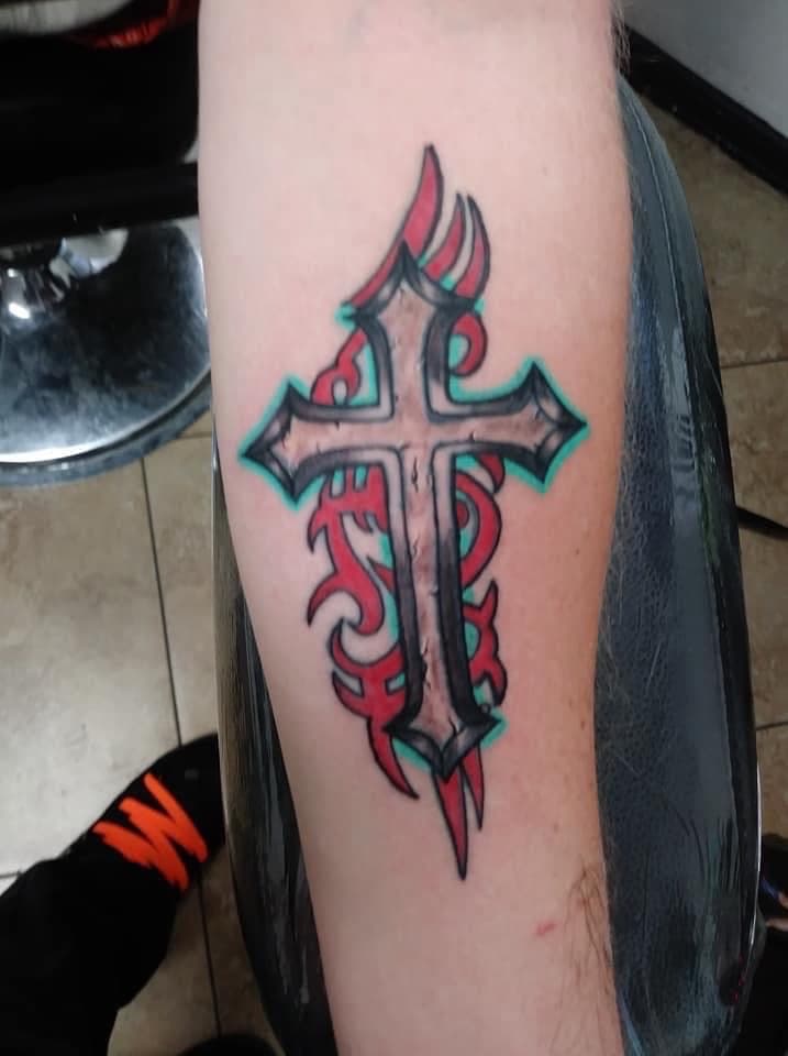 Tribal + Color cross tattoo on Forearm by William_Samaras on TattMe