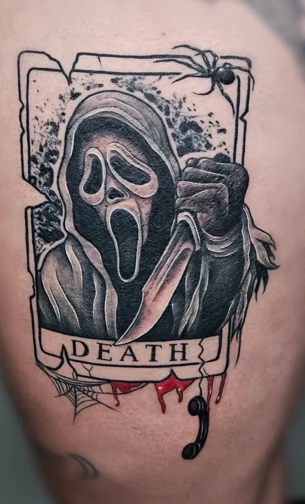 Black & Grey + Illustrative ghostface tattoo on Thigh by William_Samaras on TattMe