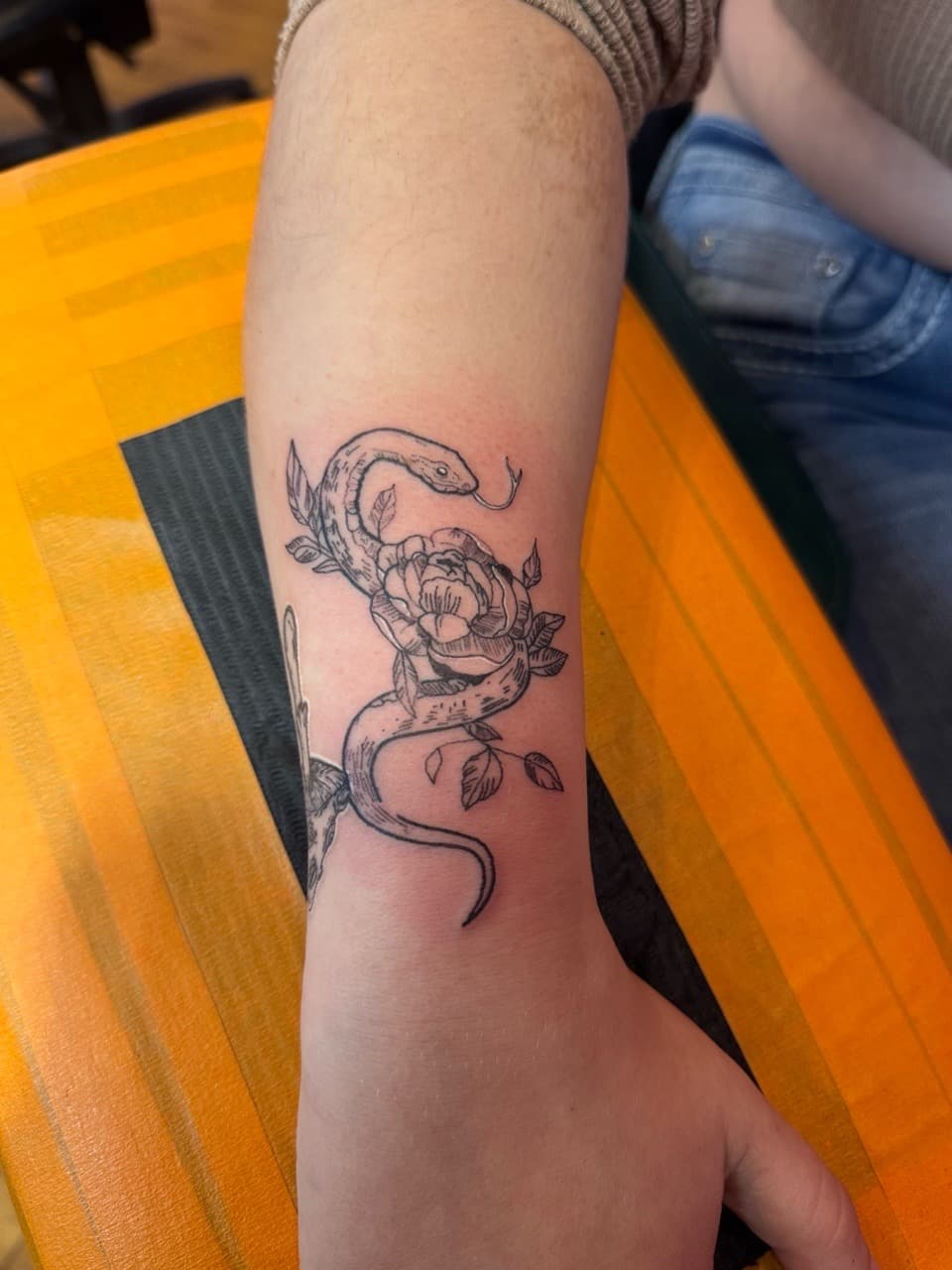 Fine Line + Black-work snake tattoo on Forearm by William_Samaras on TattMe