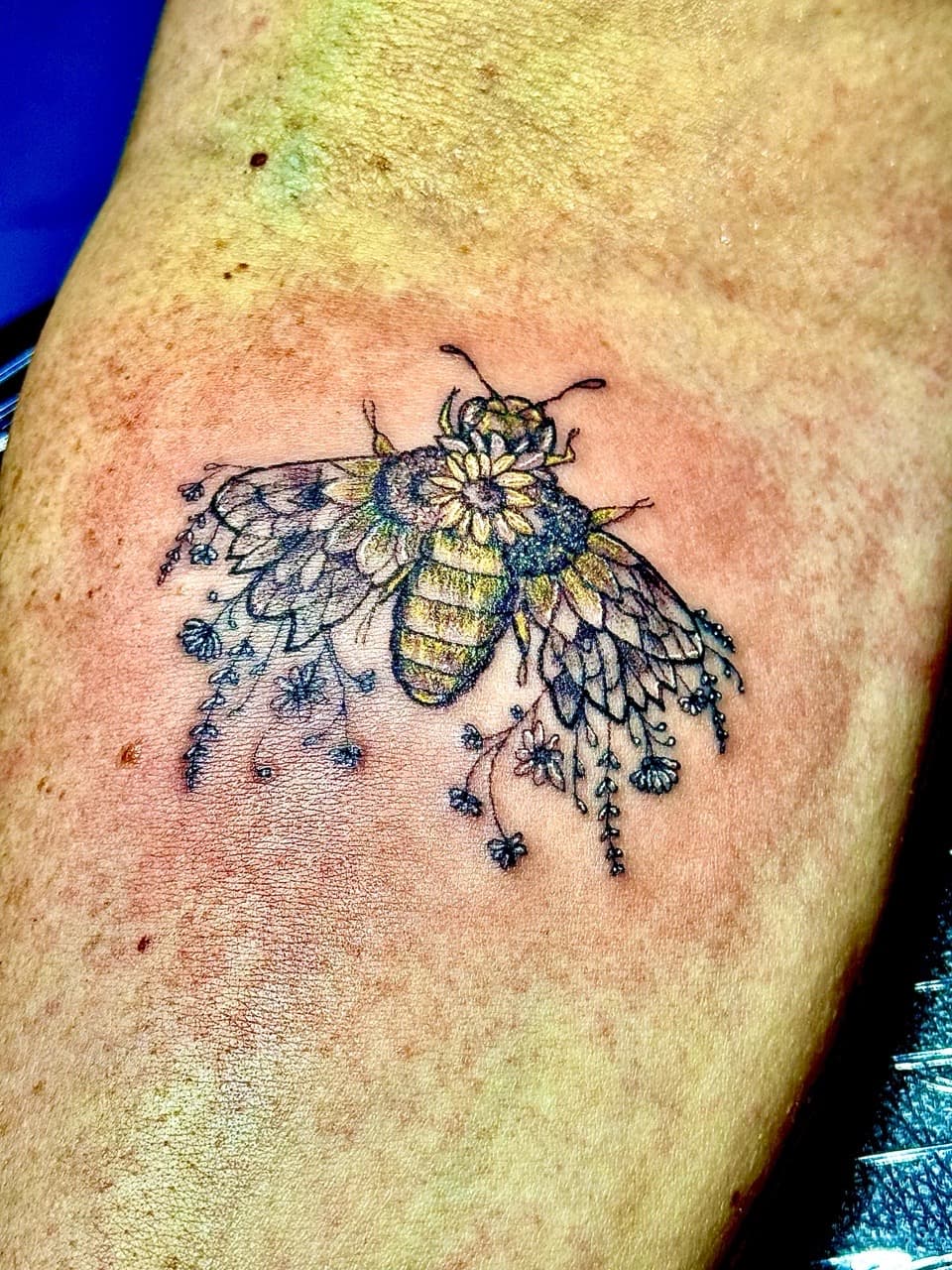 Fine Line + Floral bee tattoo on Upper Arm by William_Samaras on TattMe