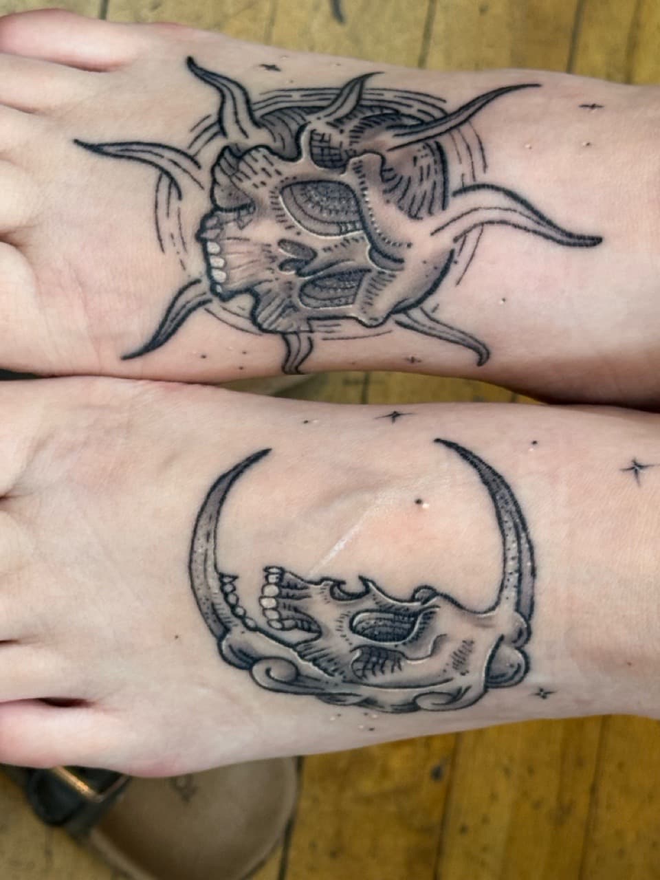 Black & Grey + Illustrative skulls tattoo on Foot by William_Samaras on TattMe
