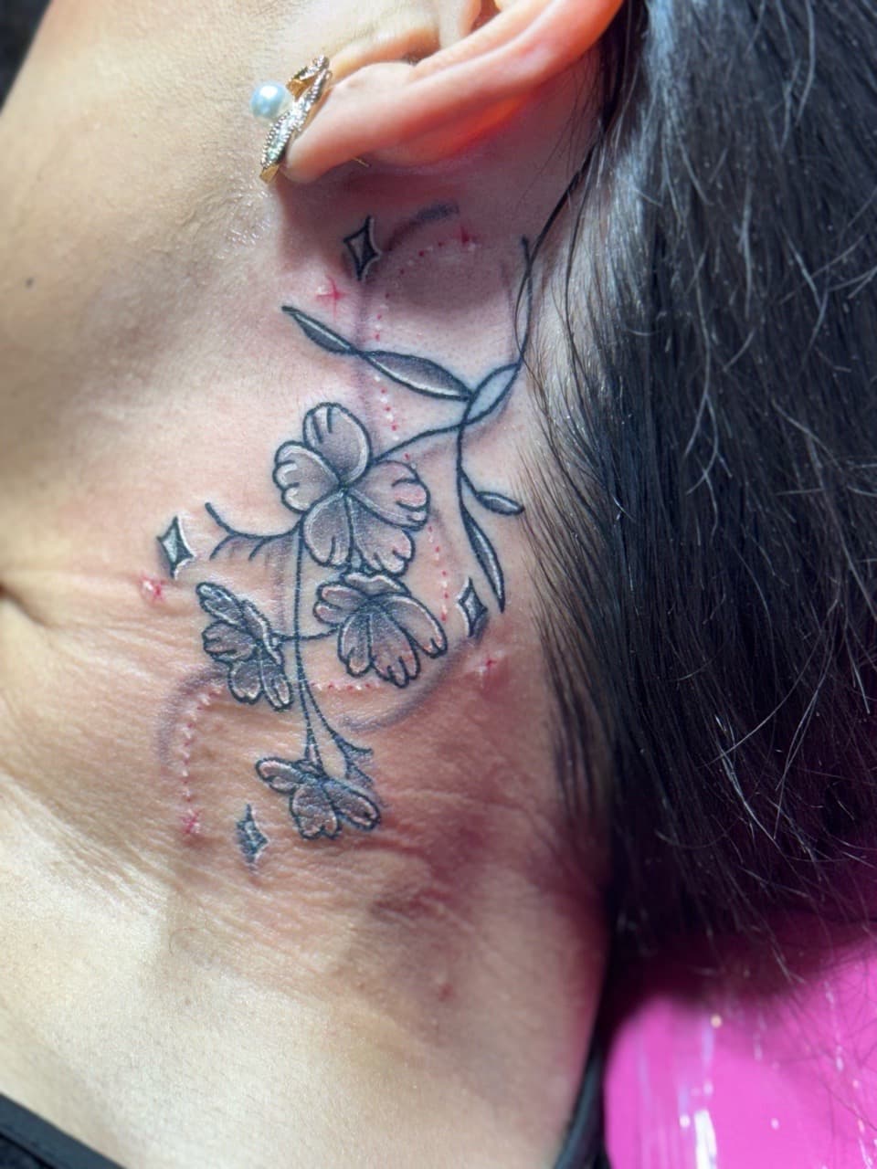 Fine Line + Black & Grey clovers tattoo on Neck (Side) by William_Samaras on TattMe
