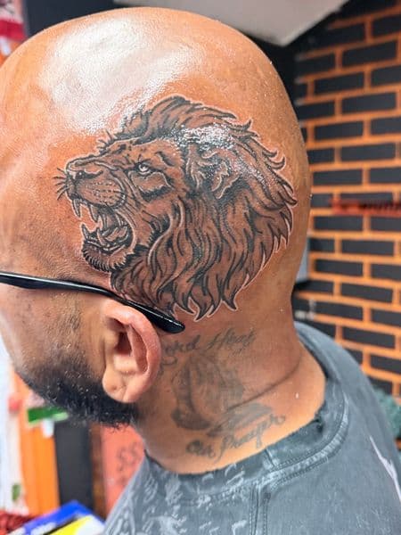 Black & Grey + Illustrative lion tattoo on Scalp by William_Samaras on TattMe