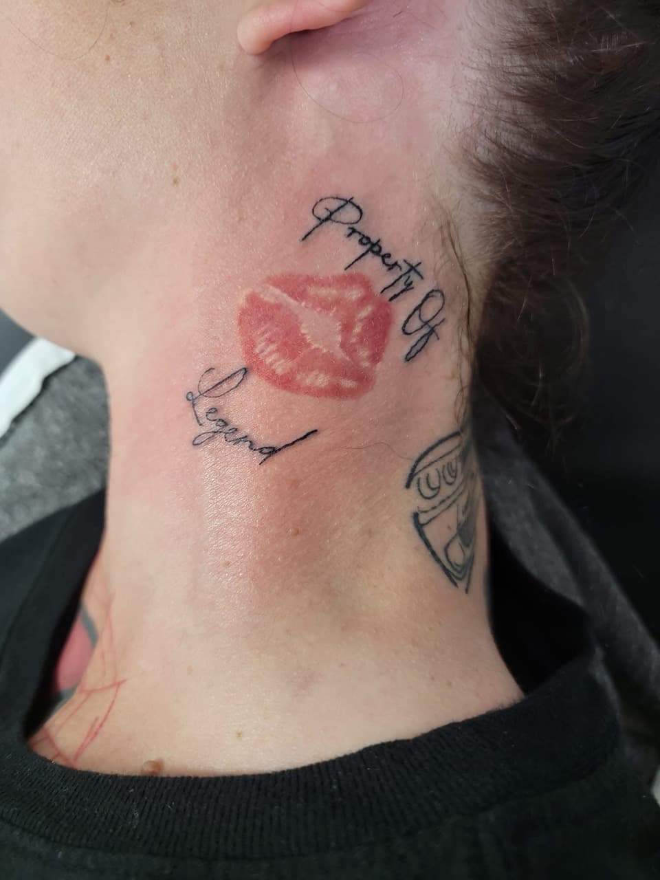 Lettering + Script lips tattoo on Neck (Side) by William_Samaras on TattMe
