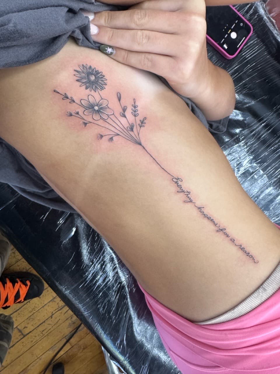 Fine Line + Lettering flowers tattoo on Thigh by William_Samaras on TattMe