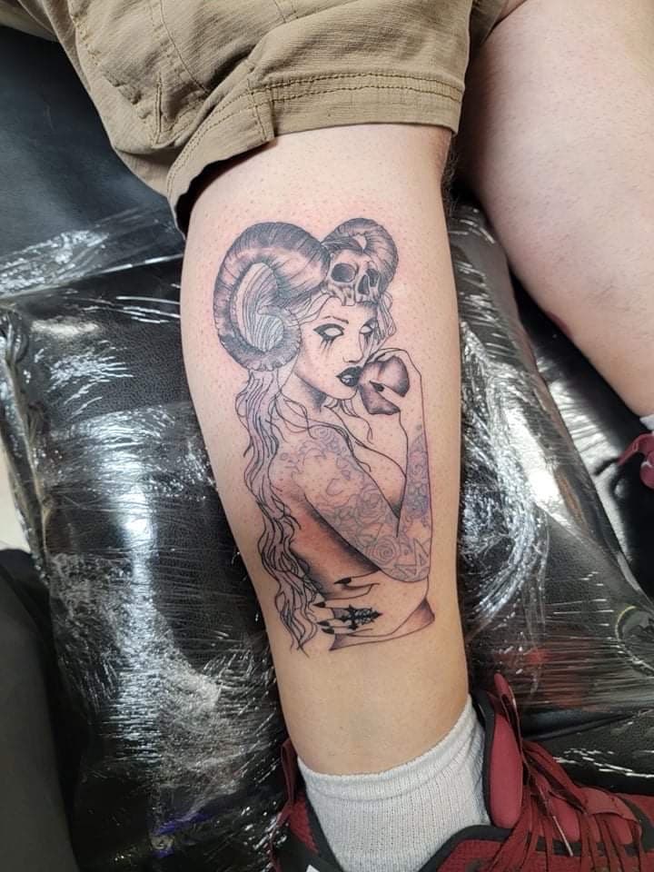 Black & Grey + Illustrative woman tattoo on Calf by William_Samaras on TattMe