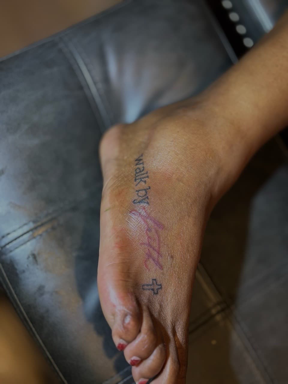 Lettering + Script cross tattoo on Foot by Ai.inkedya on TattMe