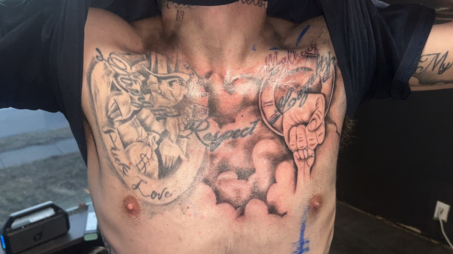 Black & Grey + Lettering money tattoo on Chest by Studio_22 on TattMe