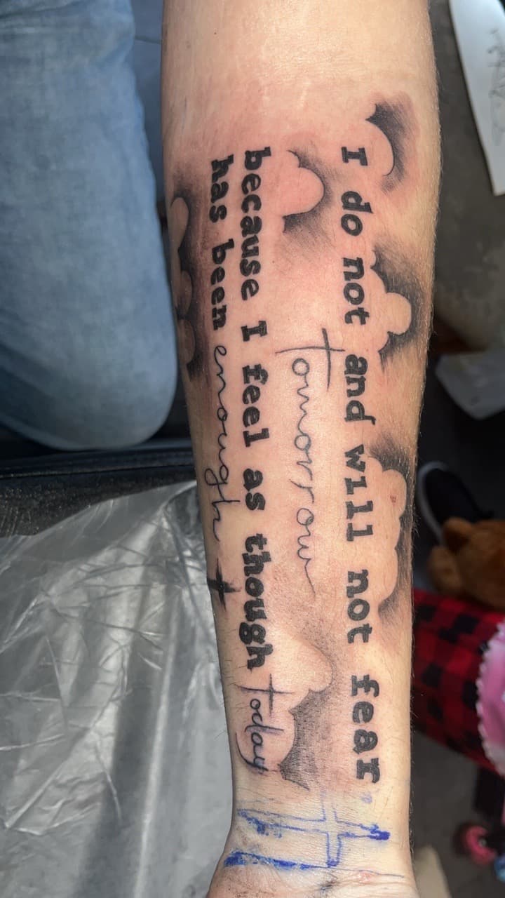 Lettering + Script clouds tattoo on Forearm by Studio_22 on TattMe