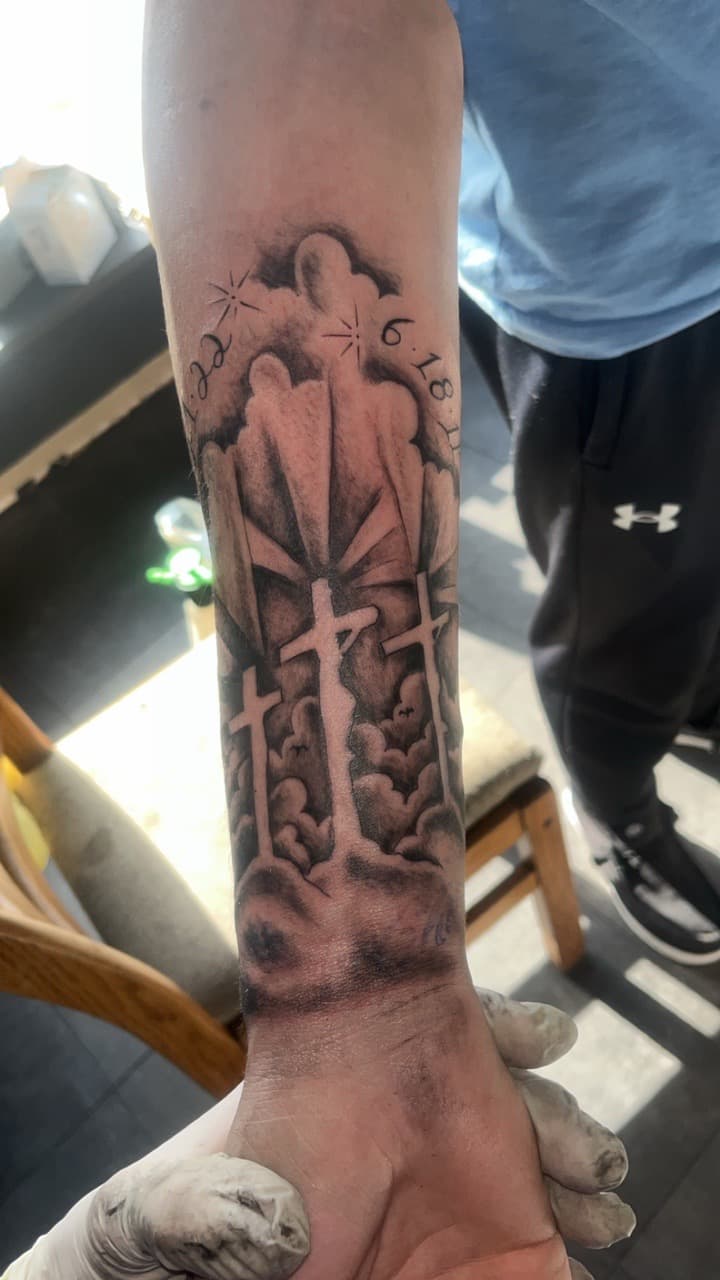 Black & Grey + Religious crosses tattoo on Forearm by Studio_22 on TattMe