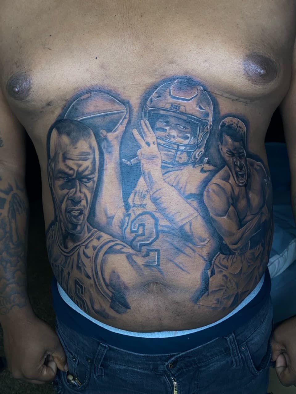 Black & Grey + Realism football players tattoo on Stomach by Money_Ink_Tattoos on TattMe