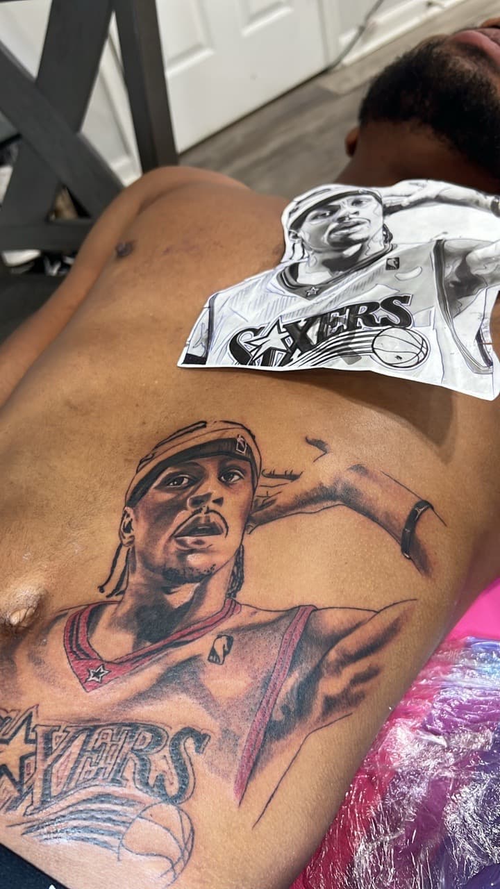 Realism + Black & Grey allen iverson tattoo on Sternum by Money_Ink_Tattoos on TattMe