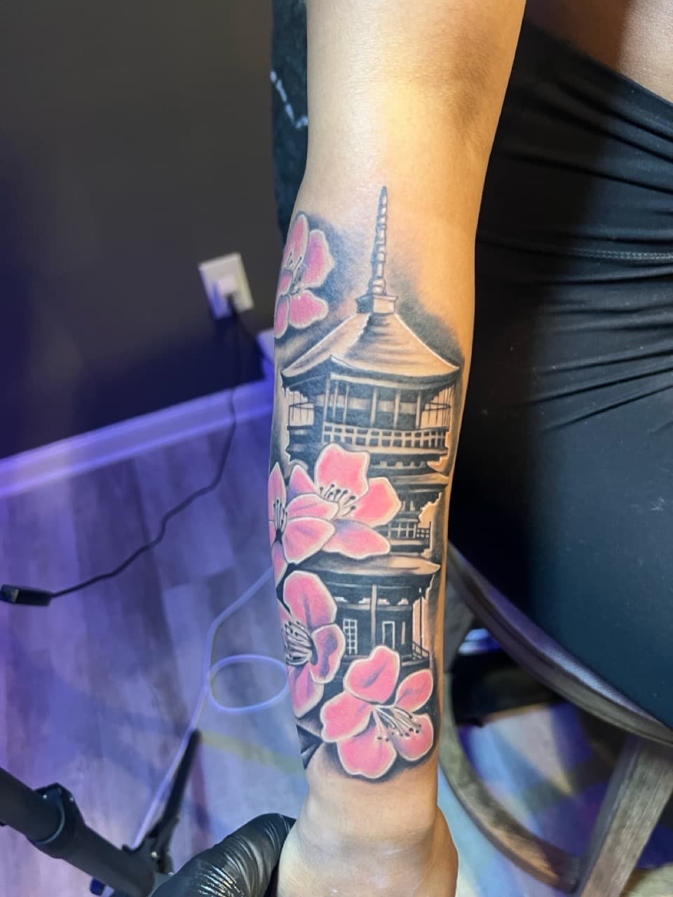 Floral + Black & Grey cherry blossoms tattoo on Forearm by Money_Ink_Tattoos on TattMe
