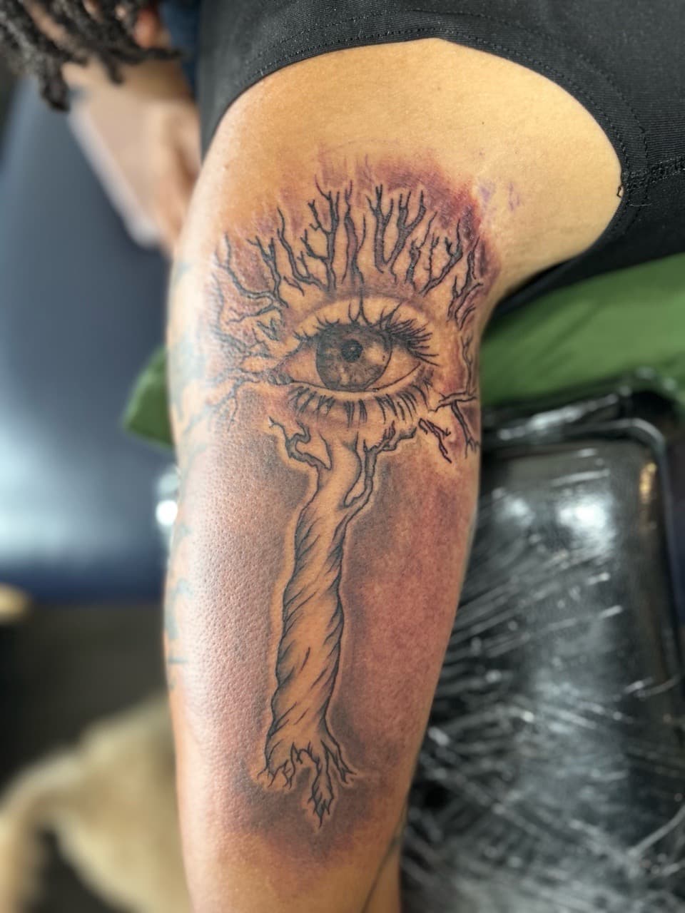 Black & Grey + Illustrative eye tattoo on Knee by Royalty_Ink on TattMe
