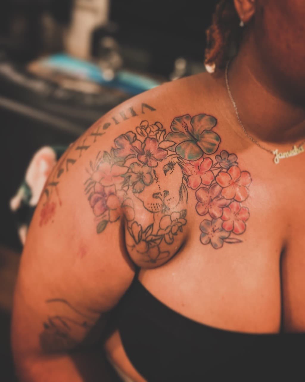 Floral + Illustrative lion tattoo on Chest by Royalty_Ink on TattMe