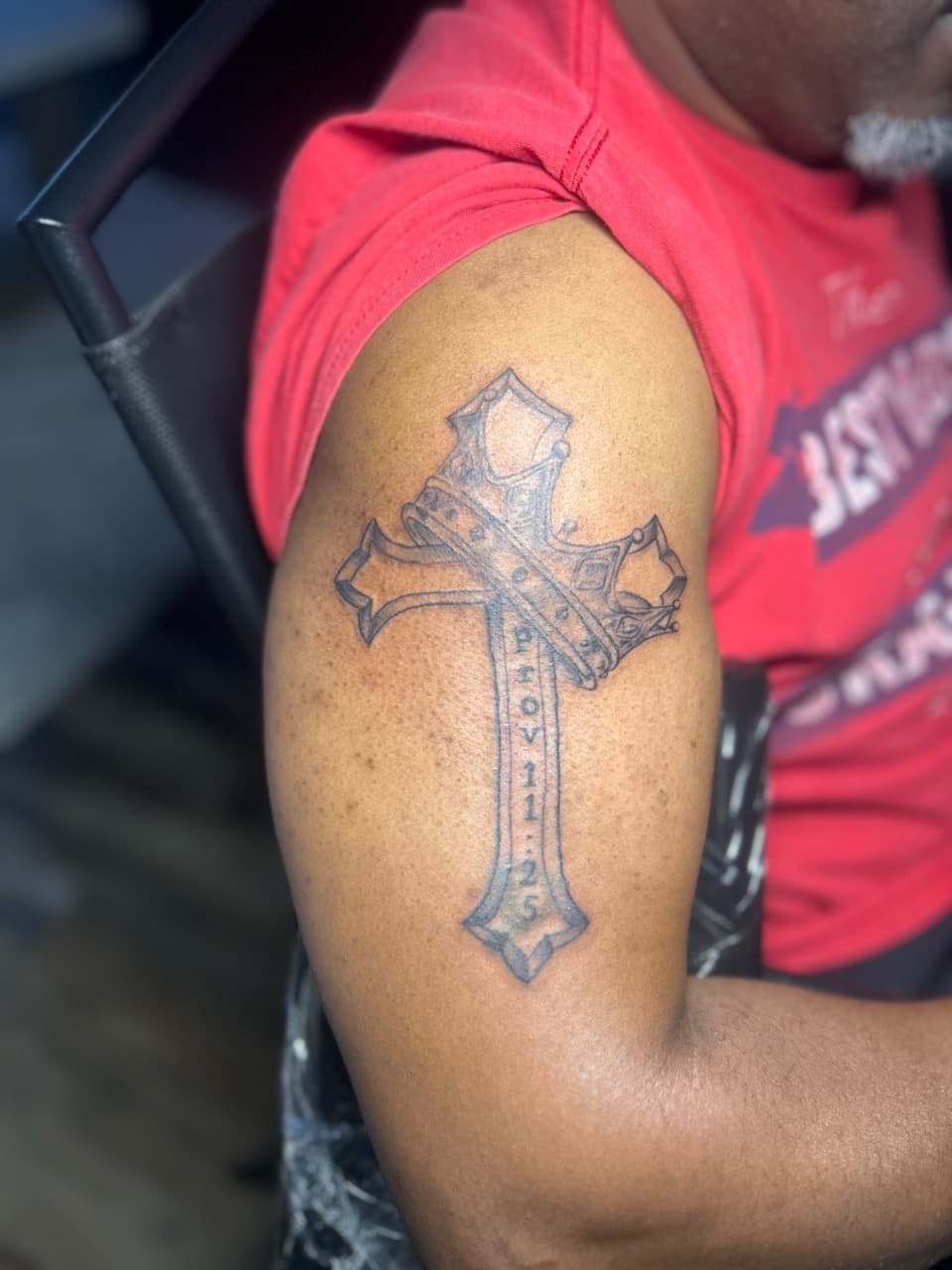Black & Grey + Lettering cross tattoo on Upper Arm by Royalty_Ink on TattMe