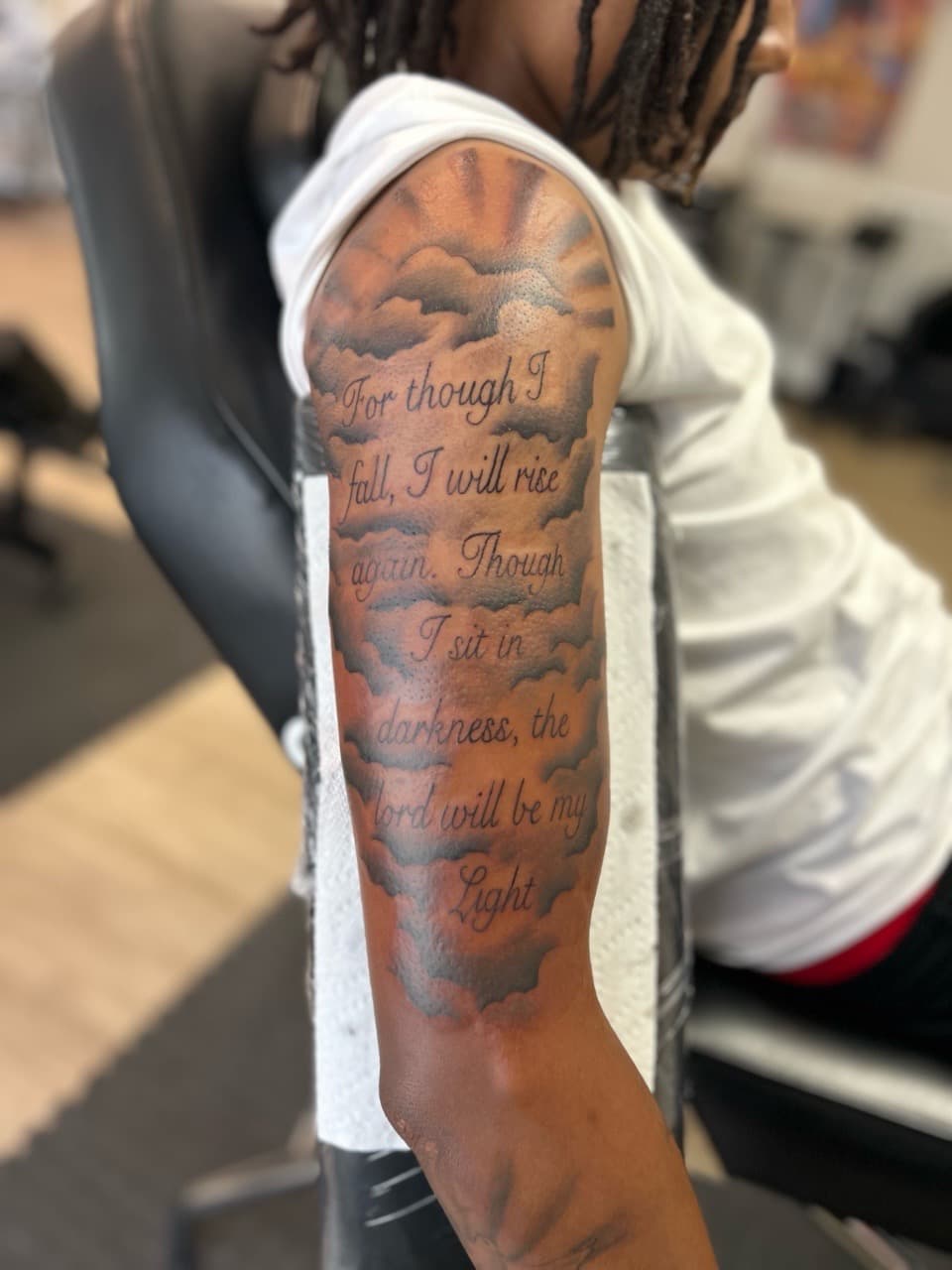 Lettering + Black & Grey quote tattoo on Upper Arm by Royalty_Ink on TattMe