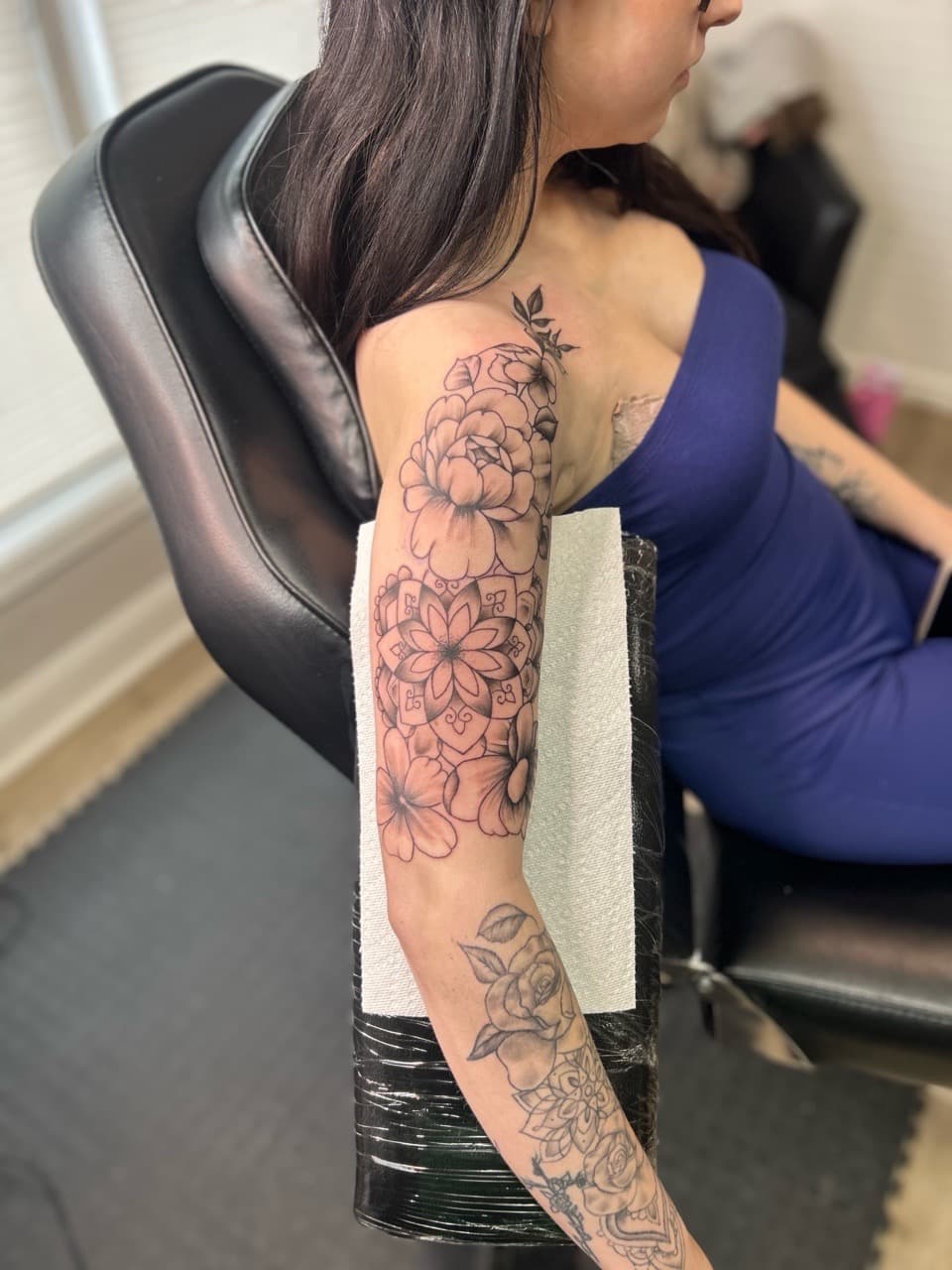 Floral + Black & Grey flowers tattoo on Half Sleeve by Royalty_Ink on TattMe