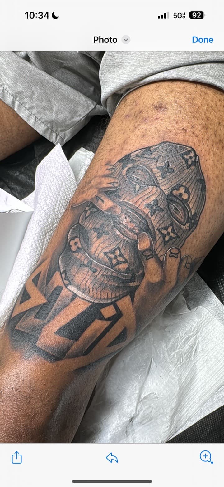 Black & Grey + Illustrative balaclava tattoo on Thigh by Juggin_Ink_Studios on TattMe