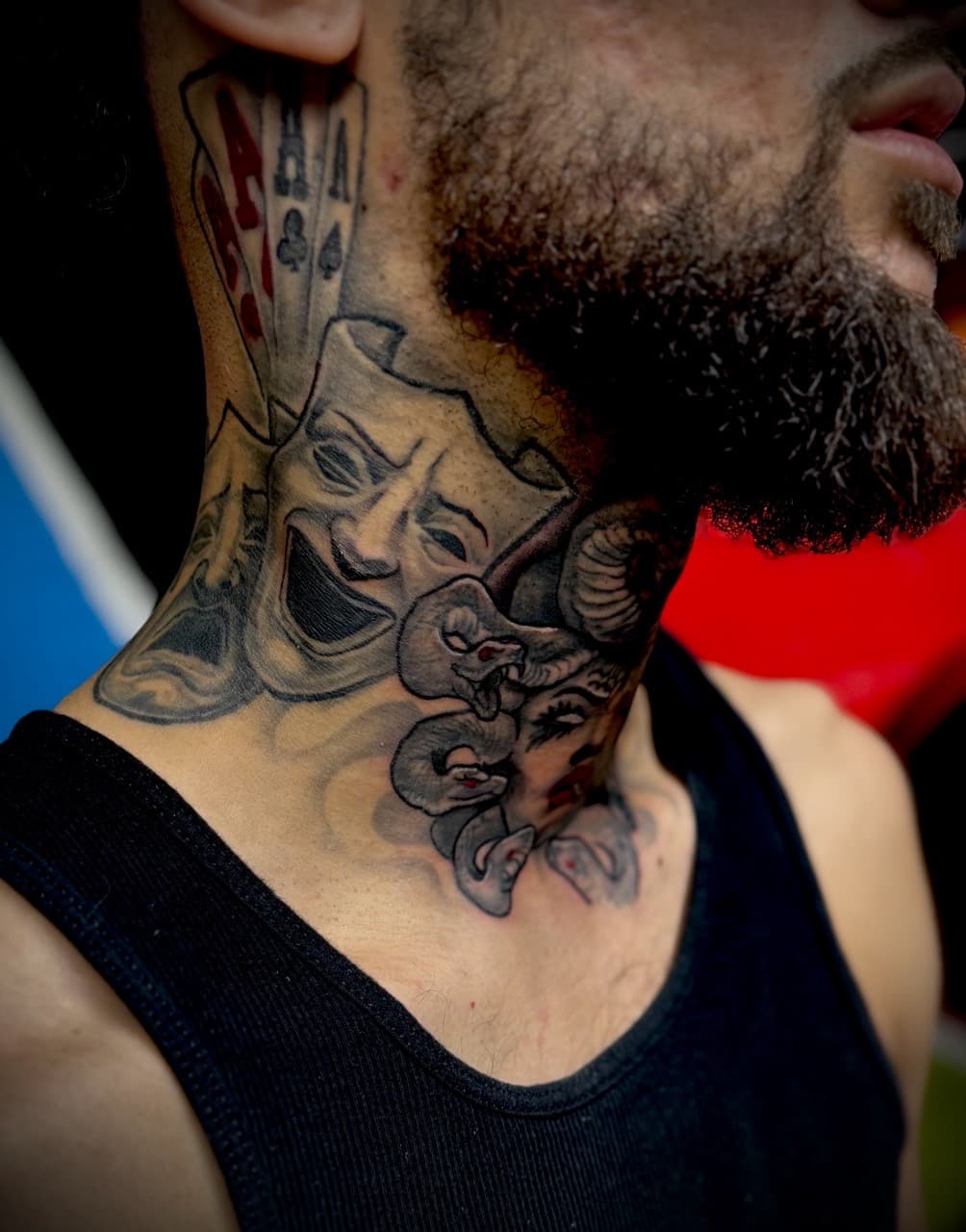 Black & Grey + Illustrative playing cards tattoo on Neck (Side) by Juggin_Ink_Studios on TattMe