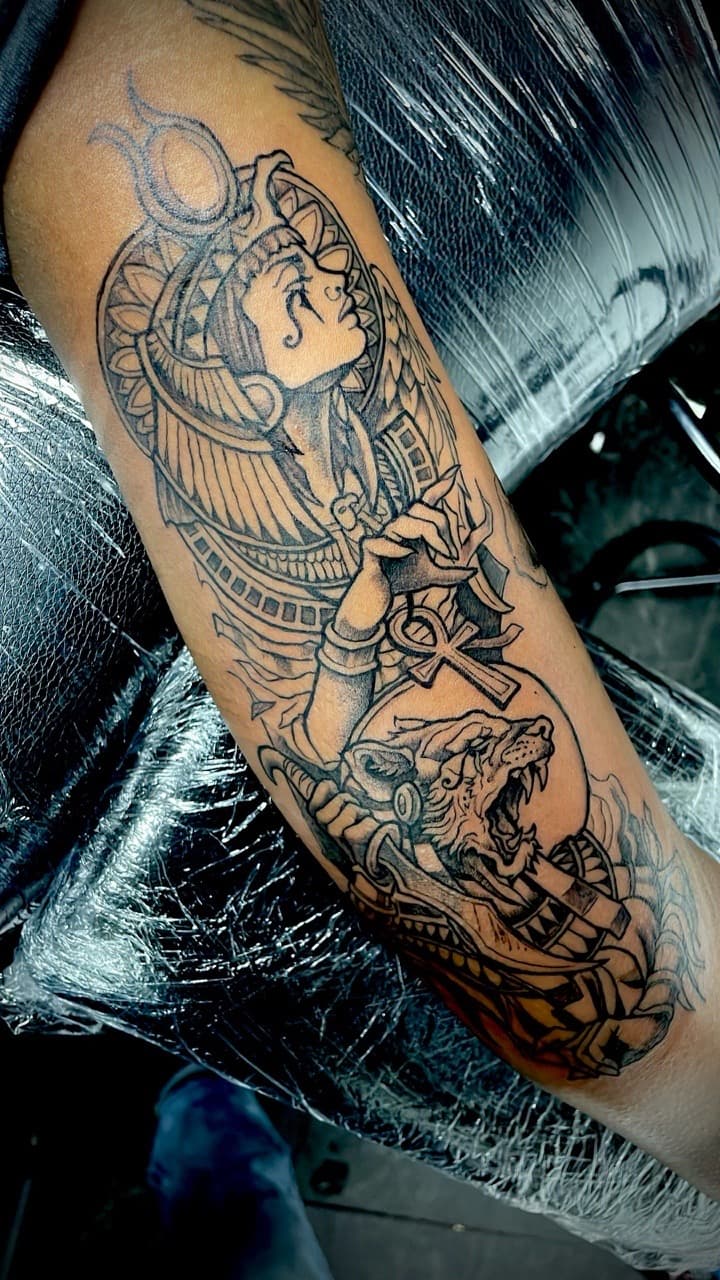 Black & Grey + Illustrative egyptian tattoo on Forearm by Juggin_Ink_Studios on TattMe