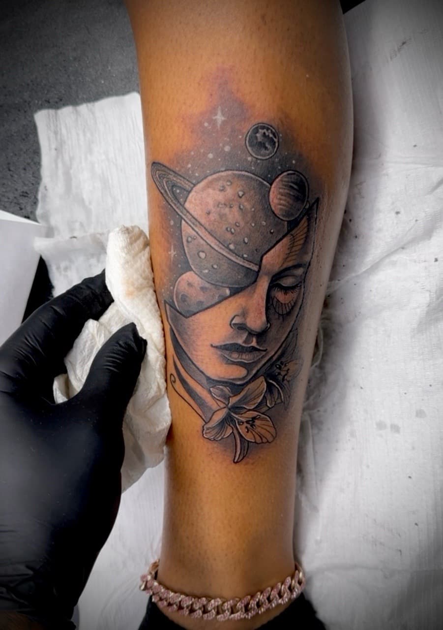 Black & Grey + Illustrative woman tattoo on Calf by Juggin_Ink_Studios on TattMe