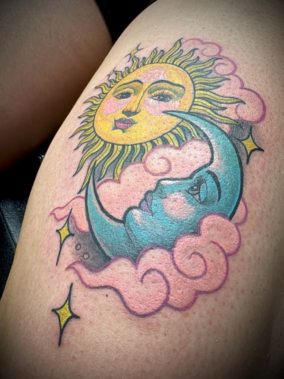 Color + Illustrative sun tattoo on Thigh by Juggin_Ink_Studios on TattMe