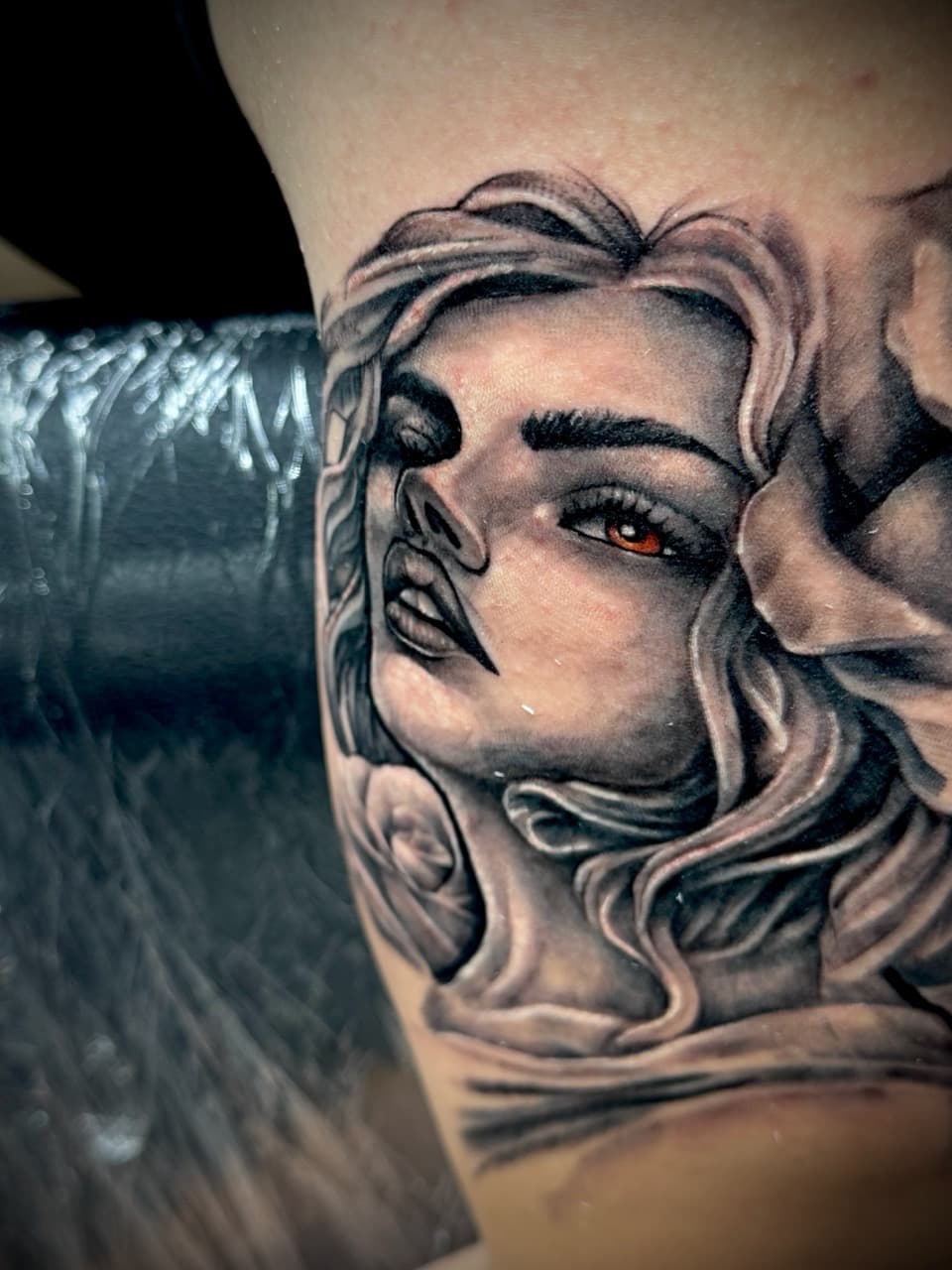 Realism + Black & Grey woman tattoo on Upper Arm by Juggin_Ink_Studios on TattMe