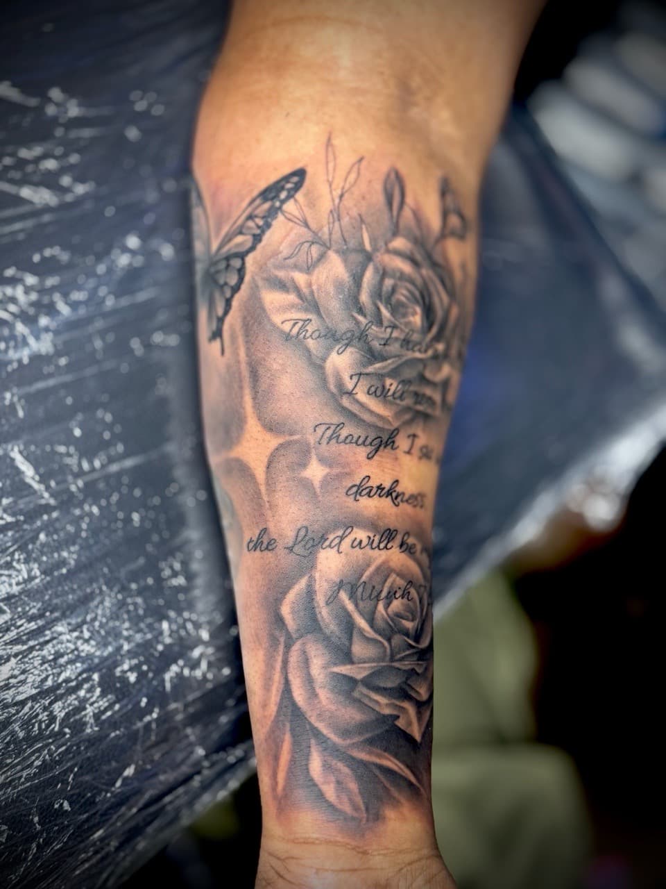 Black & Grey + Lettering butterfly tattoo on Forearm by Juggin_Ink_Studios on TattMe