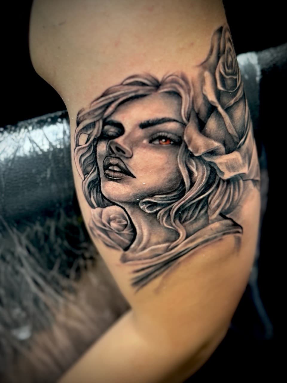 Realism + Black & Grey woman tattoo on Upper Arm by Juggin_Ink_Studios on TattMe