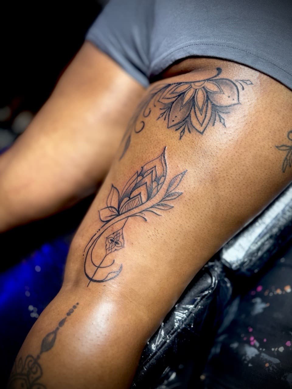 Fine Line + Black-work ornamental tattoo on Thigh by Juggin_Ink_Studios on TattMe