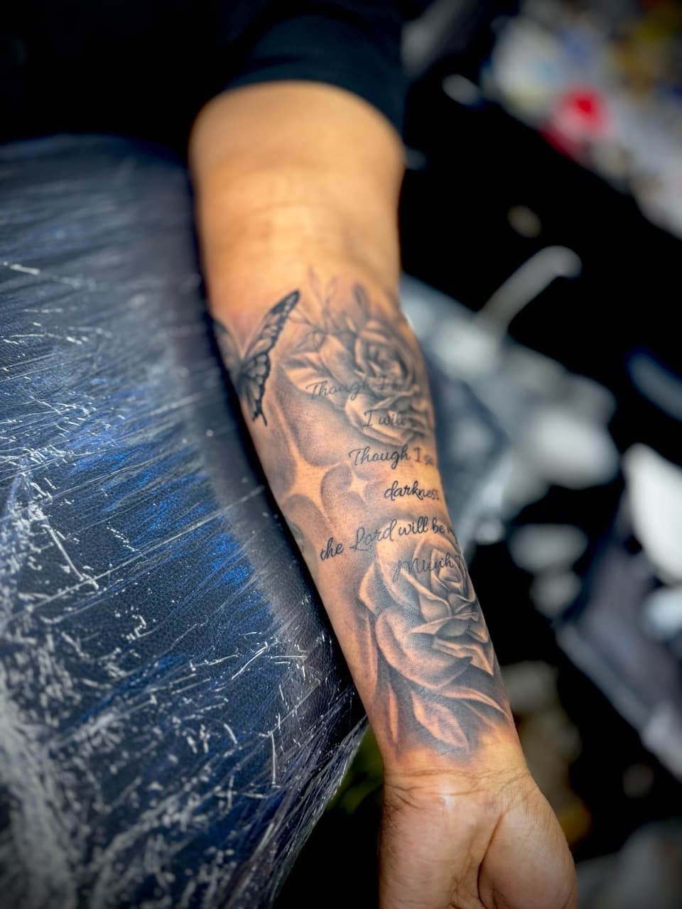 Black & Grey + Floral butterfly tattoo on Forearm by Juggin_Ink_Studios on TattMe