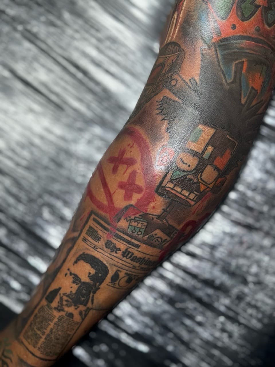 Color + Black-work crown tattoo on Half Sleeve by Juggin_Ink_Studios on TattMe