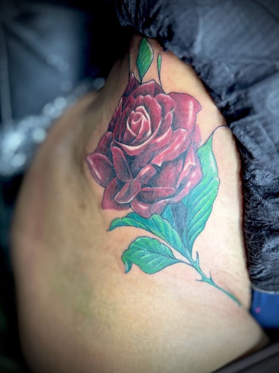 Floral + Color rose tattoo on Hip by Juggin_Ink_Studios on TattMe