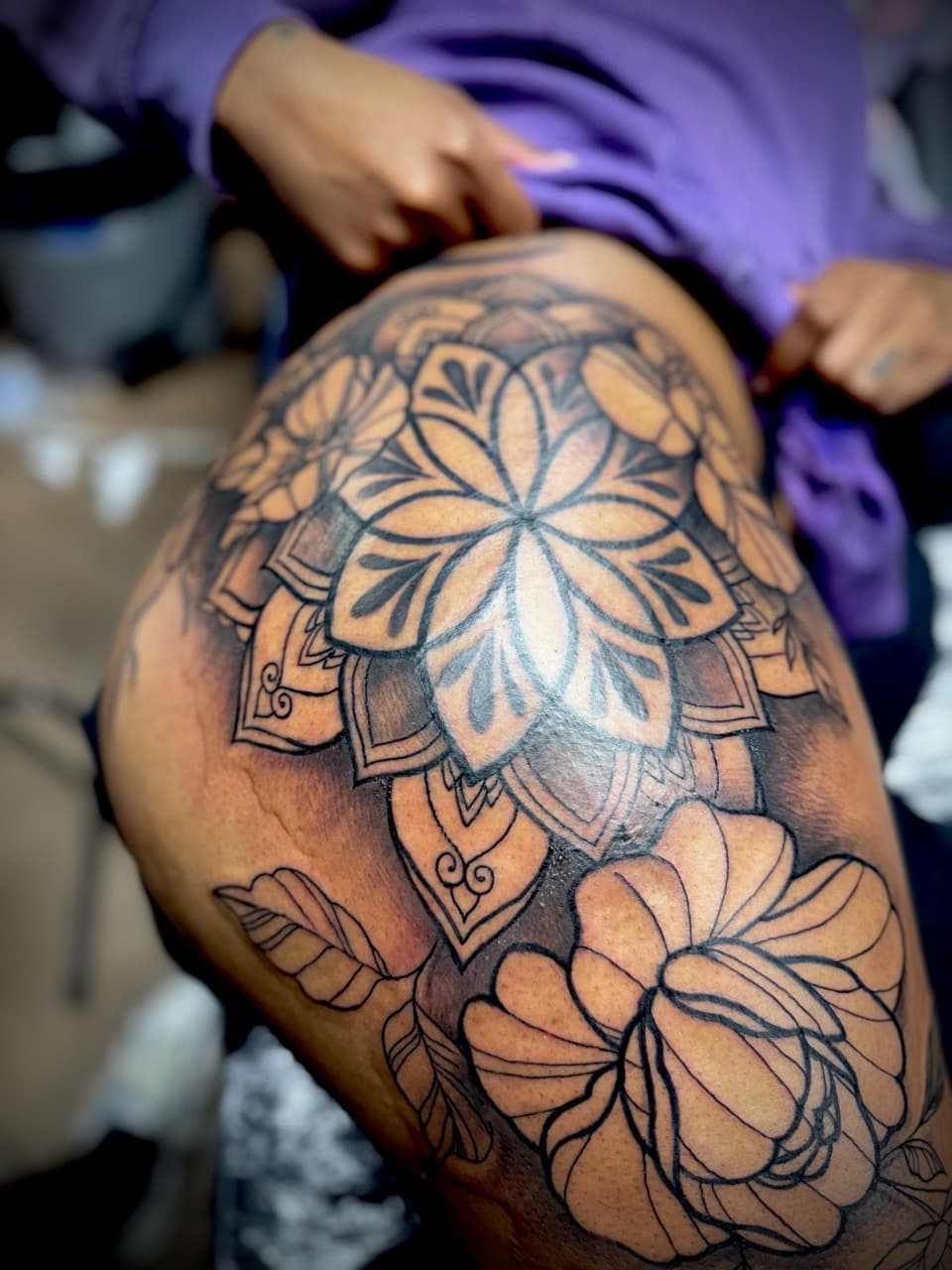 Mandala + Floral flowers tattoo on Thigh by Juggin_Ink_Studios on TattMe