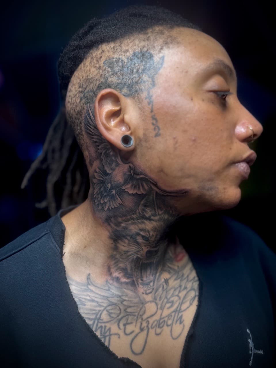 Black & Grey + Illustrative bird tattoo on Neck (Side) by Juggin_Ink_Studios on TattMe